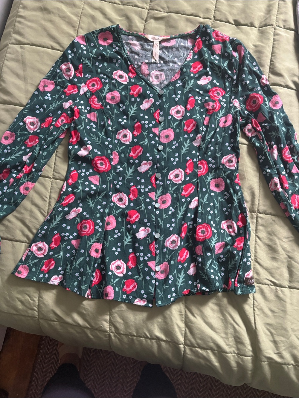 Matilda Jane Green Floral V-Neck Long Sleeve Top with Pink & Red Blooms